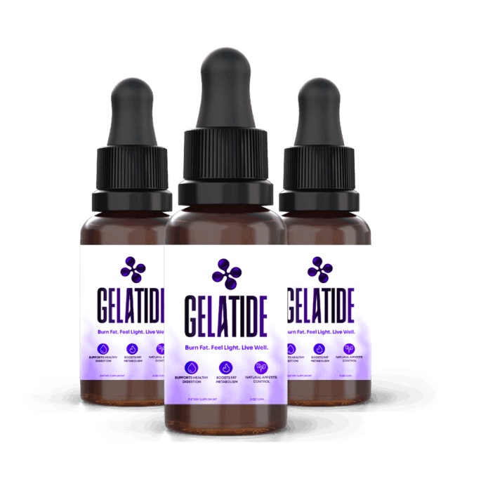Gelatide appetite control drops, three amber dropper bottles